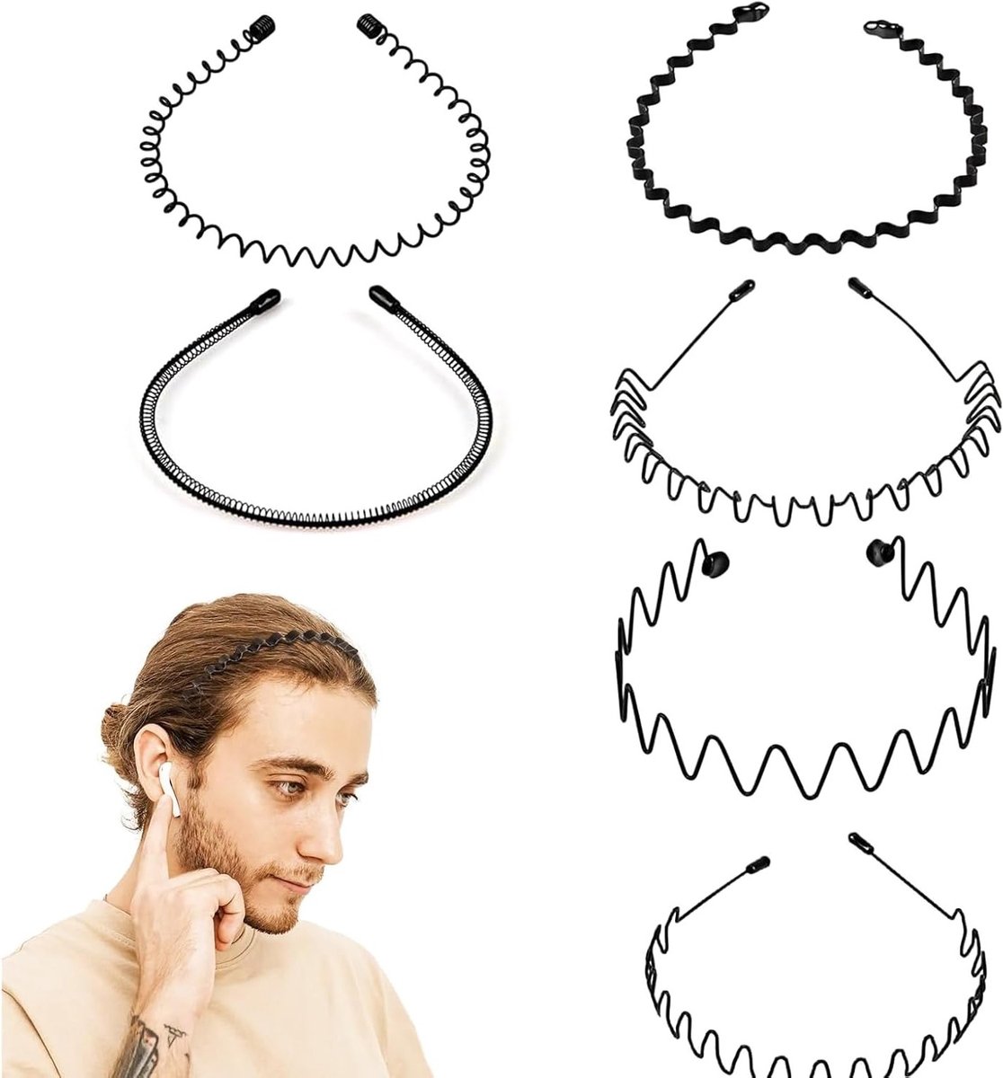 Set van 6 Zwarte Golvende Metalen Diademen - Flexibele Haarbanden voor Sport, Yoga en Dagelijks Gebruik, Perfect voor Activiteiten en Stijlvolle Looks