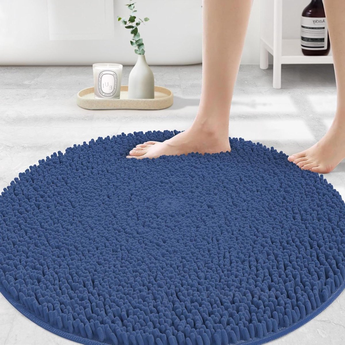 Rond Badmat - Pluche Vloerkleed - Badkamer Comfort - Zeer Absorberend - 91 x 91 cm - Donkerblauw