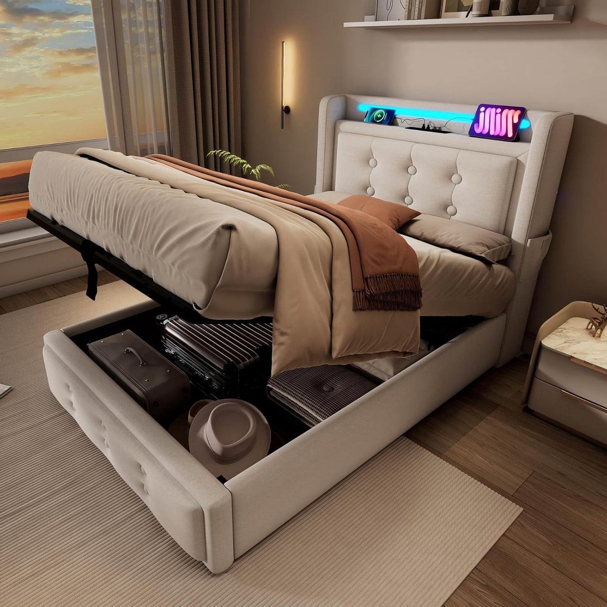 Gestoffeerd Bed - Luxe Bedbank - Slaapkamer Opbergen - Met LED en USB - 90 x 200 cm - Beige