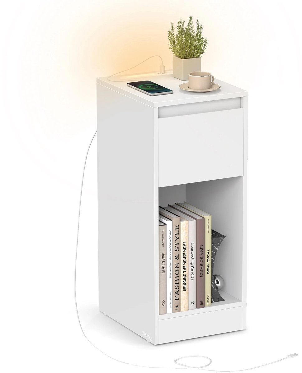 NordHaus Nachtkastje - Smal Bijzettafeltje met LED Verlichting - USB-A & USB-C Poort - Lade en Open Vak - 30x25x59,5 cm