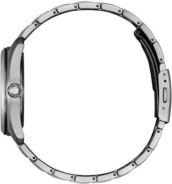 Zijaanzicht van een zilverkleurig Citizen Eco-Drive Titanium horloge.