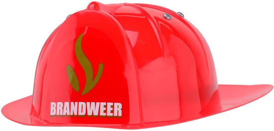 Rode brandweerhelm met de tekst "BRANDWEER" en een gouden vlammenlogo.