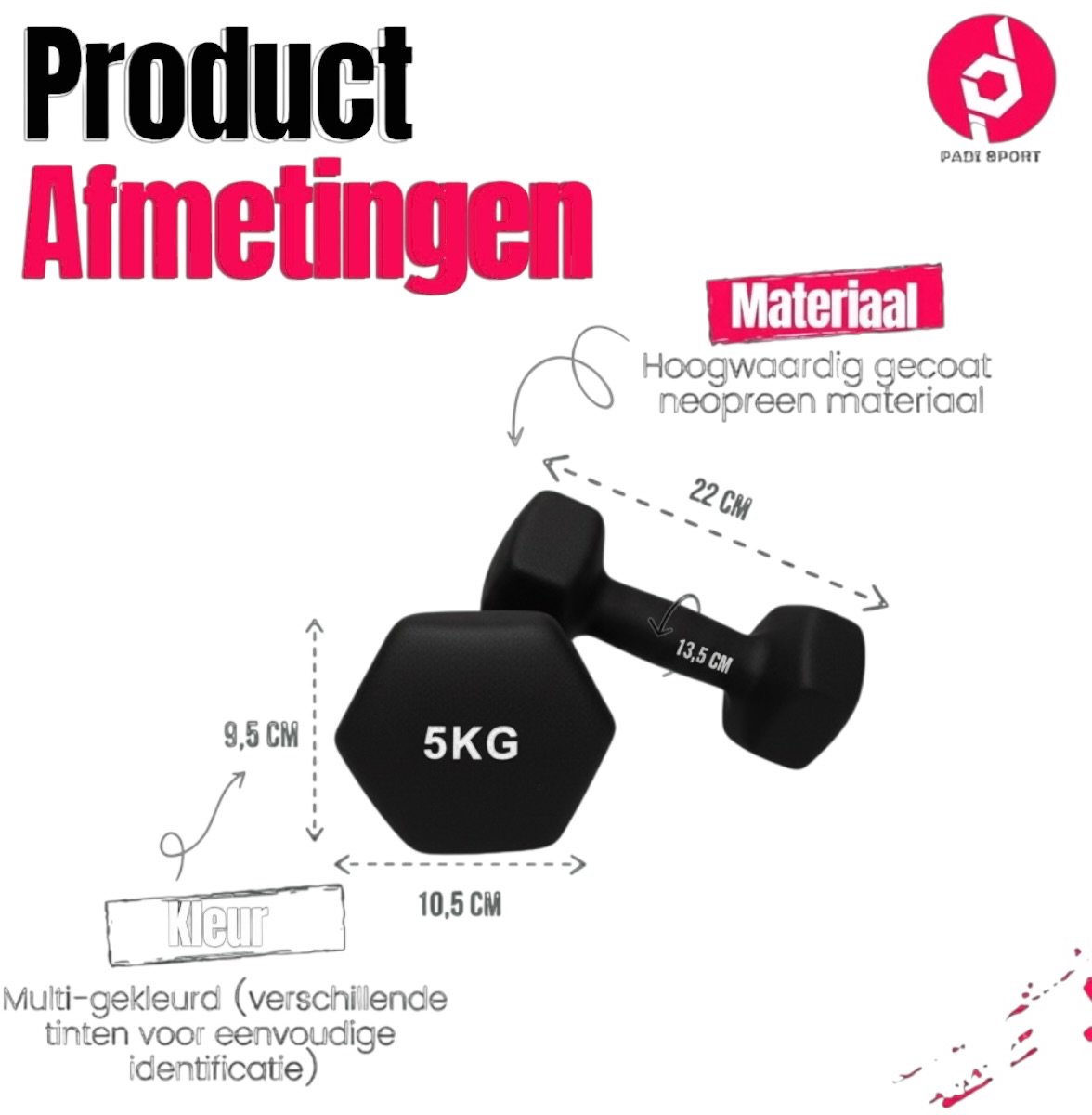 Padisport Dumbells 5kg - Dumbells - Gewichten - Dumbells 5kg - Gewichten 5 Kg - 5kg Dumbells – Zwart – foto 2