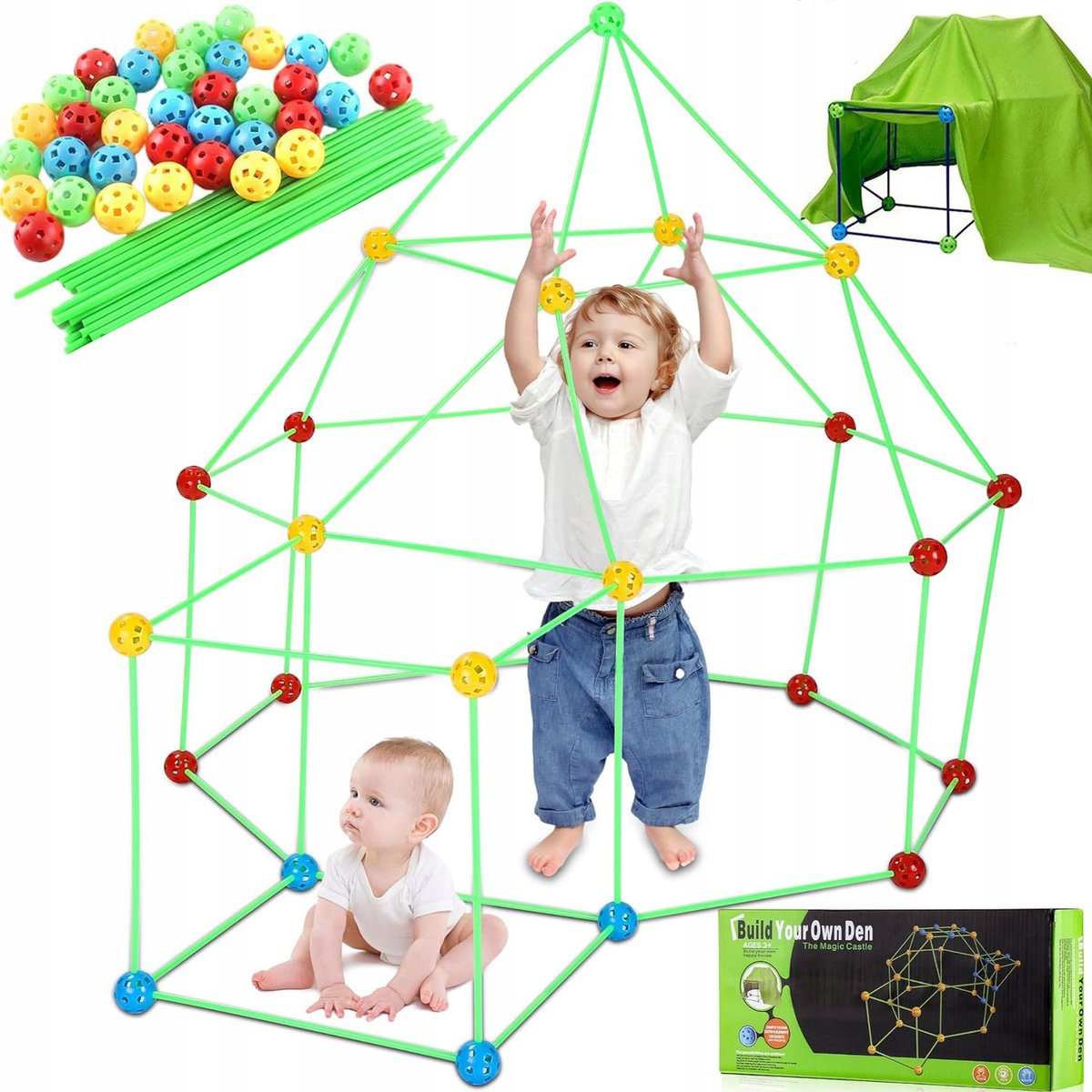 175-delige DIY kralentent - Speeltent - 3D Kasteelhuistent - DIY bouwspeelgoed - Bouwsets - 72 Bollen & 102 Stokken - Creatief DIY & Groot 150x120cm Doek - Voor Jongens & Meisjes