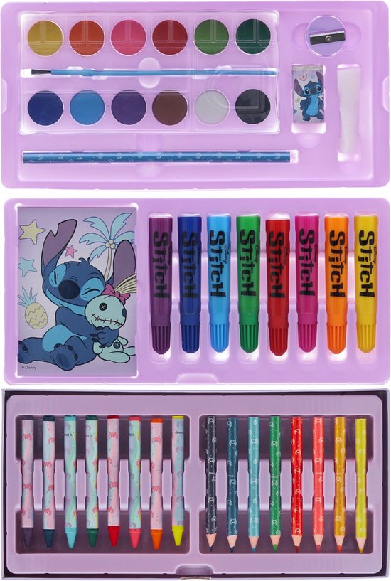 Coffret De Dessin Lilo & Stitch – 52 Pièces – Valisette Violette – Pinceaux, Feutres, Pastels, Aquarelles – Dès 3 Ans