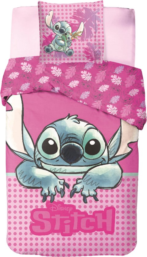 Dekbedovertrek met Stitch en roze polkadotprint, met 'Disney Stitch' tekst.