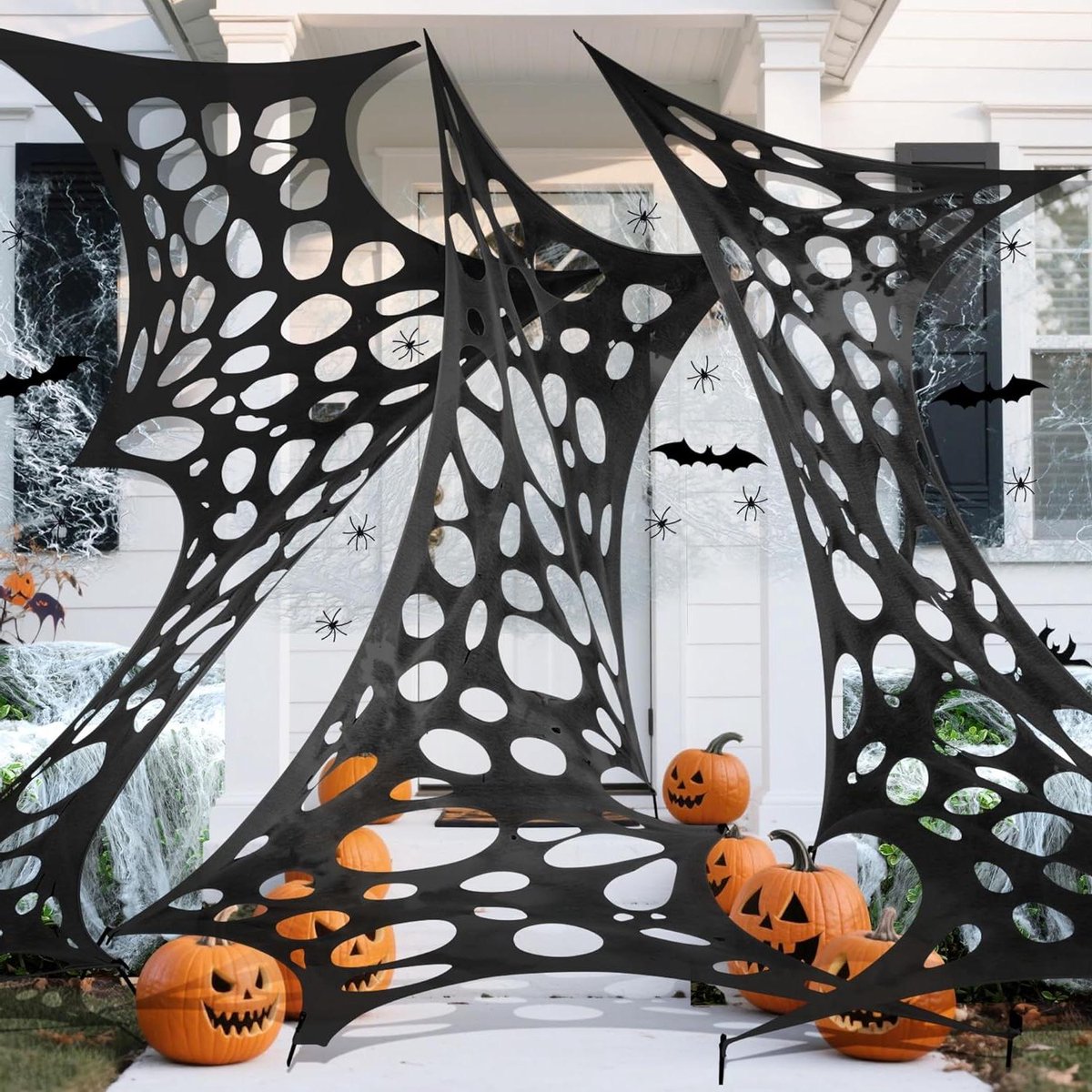 1 x 12 m Huge Spider Web for Halloween Black Decorative Cobwebs with 40g Spider Web, 40pcs Spiders, 24pcs Bat, 12pcs Ground Anchors, Halloween Triangle, Spider Weaving