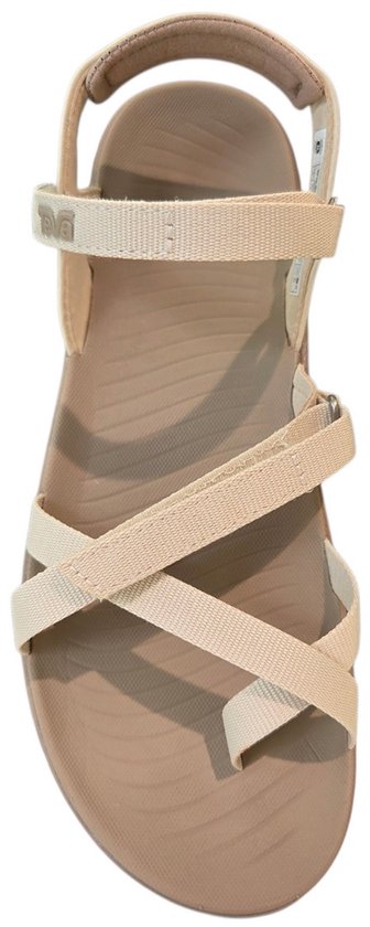 Vooraanzicht van een beige Teva sandaal met taupe zool en gekruiste bandjes.