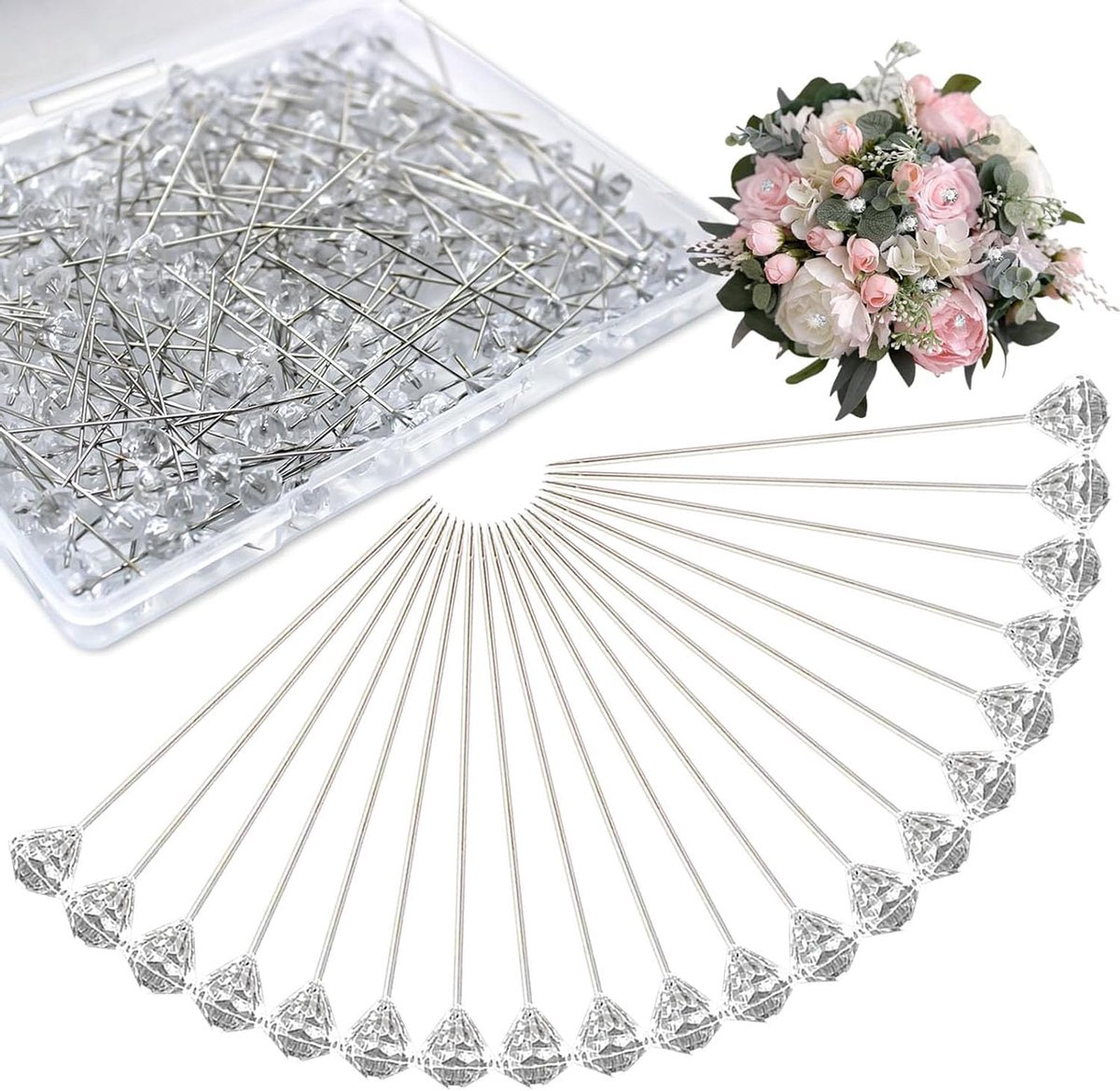 200 Pcs Flower Diamond Rhinestone Lapel Pins - Clear Diamond Needles - Crystal Head Sewing Needles voor Bloemen - Naaien en Textiel Creatieve Ambachten