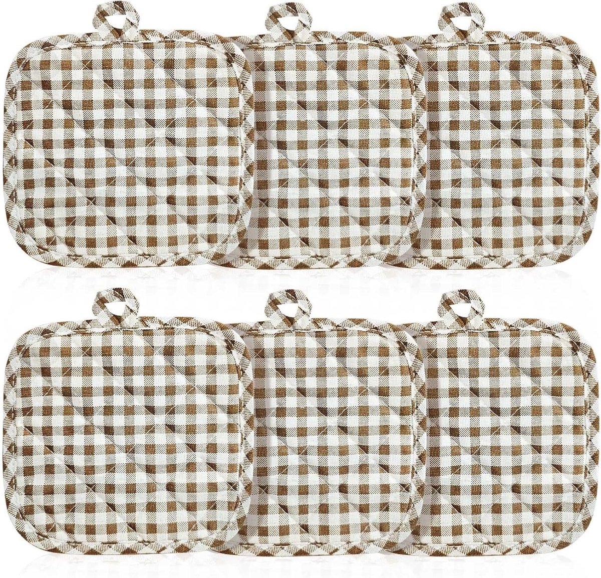 Set van 6 Katoenen Pannenonderzetters en Ovenwanten, Warmtebestendig en Duurzaam voor de Keuken (Khaki Geruit)