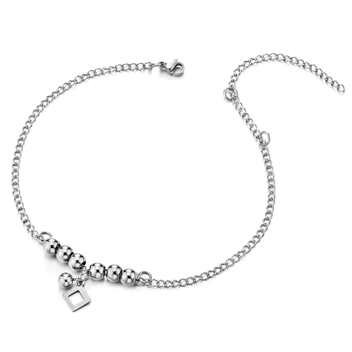 VT Goods - Roestvrij staal Enkelband Armband - Charm met Kralen en Bungelende Vierkant - Elegant en Stijlvol - Dames Sieraden - Perfect voor Elke Ge..