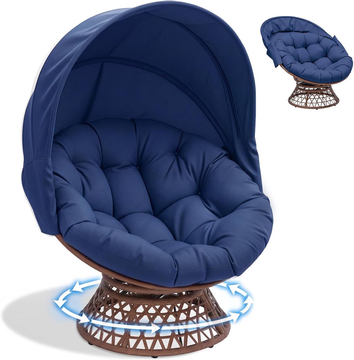 COMHOMA - Papasan Stoel van Rattan - Draaibaar voor Tuin met Kussen - Blauw