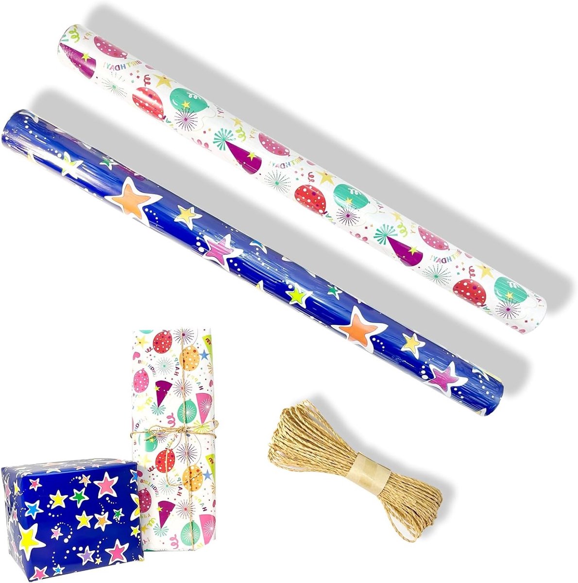 Cadeaupapierrollen voor verjaardagen en feestdagen, 43 x 300 cm, inclusief kraftpapierkoord voor kinderen en baby's