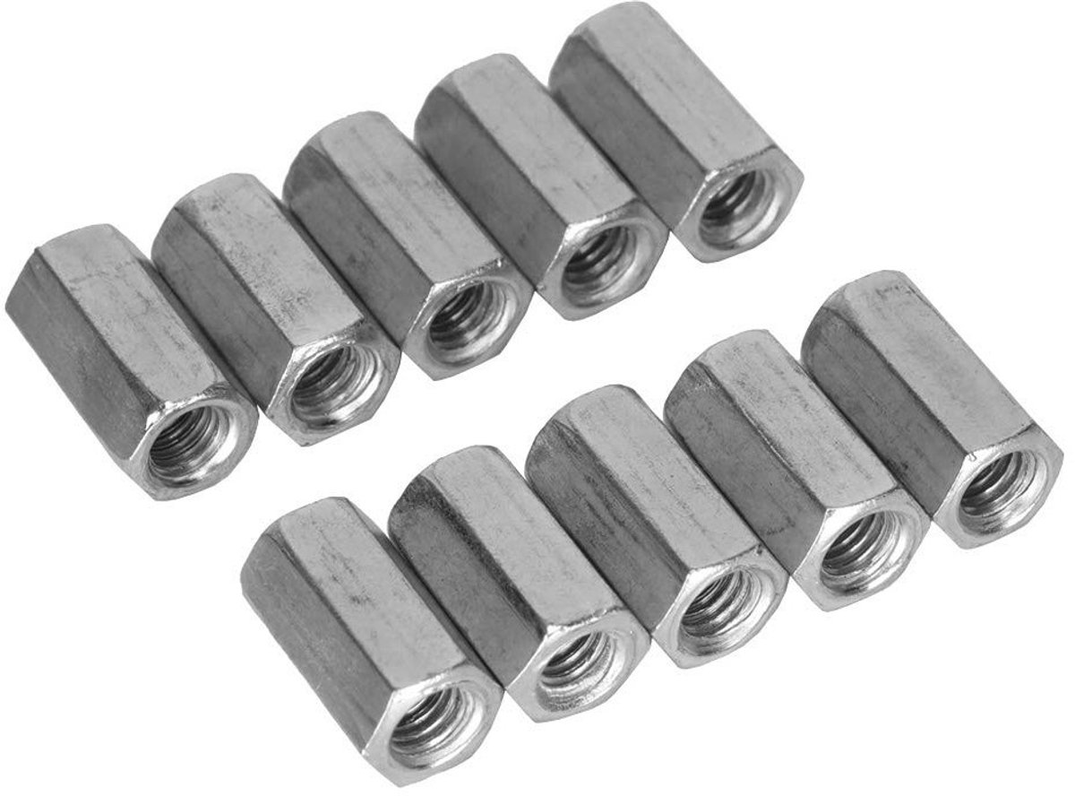 Hexagonale Lange Moeren Set - 10 Stuks M6 x 18 mm - Draadmoeren voor Bevestiging en Spacer