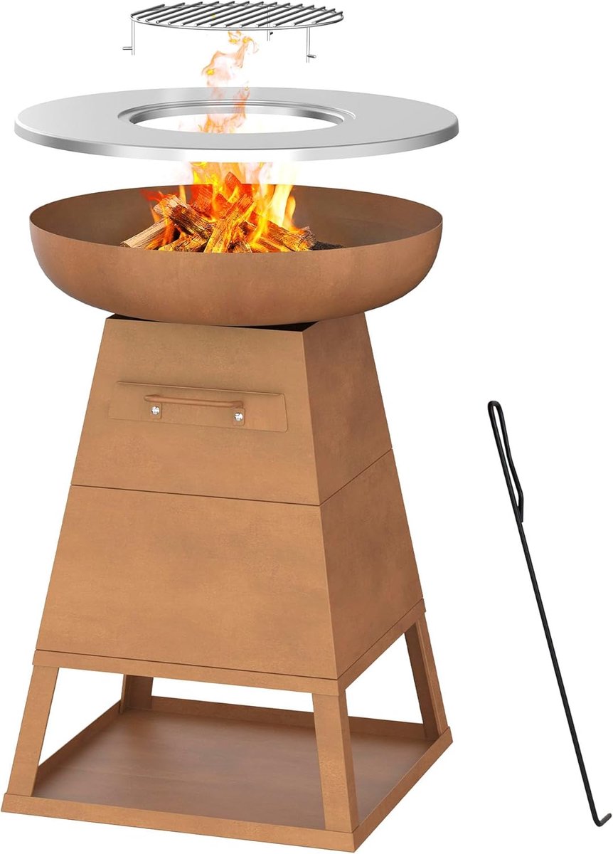 Houten Terrasverwarmer met Plancha Grillplaat - Buitenhaard & BBQ Combinatie