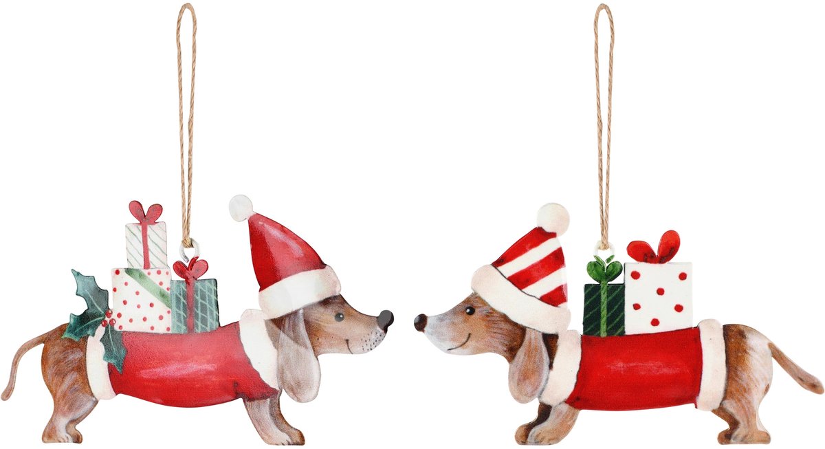 Dekoratief | Hanger kersthond m/cadeautjes, rood, metaal, 13x7x1cm, set van 2 stuks | A265949