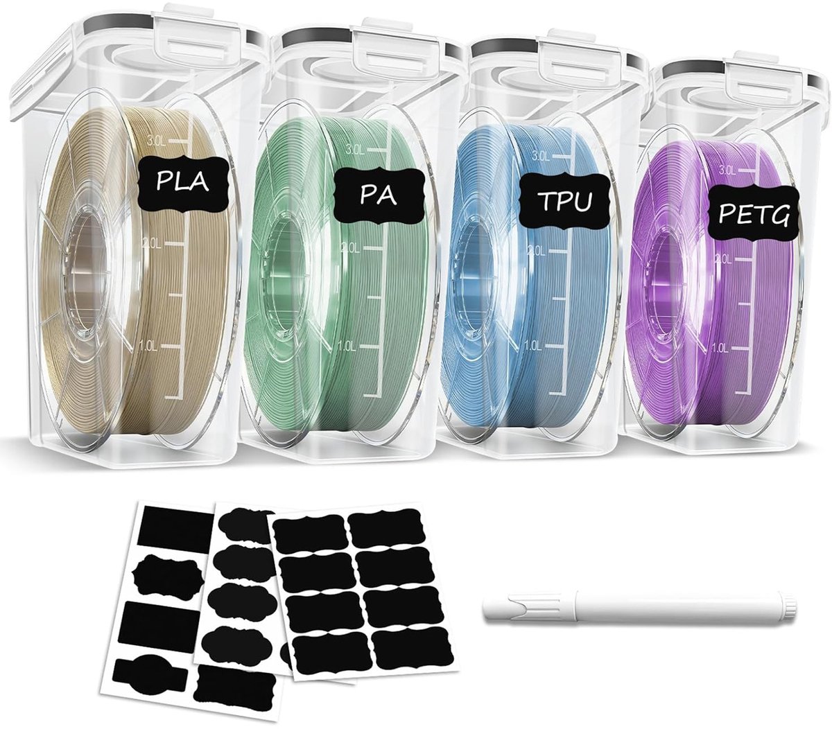 Filament Opbergdoos - 4 stuks filamentcontainer voor 3D printen - filamentverzegeling en bescherming - draagbare opslag - water- en stofdicht - stapelbaar en ruimtebesparend - 4,0 l - 3D-printeraccessoires voor thuis en op kantoor