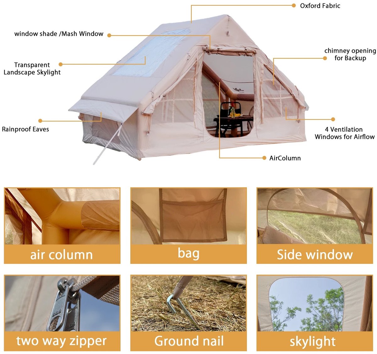 HomeGoodies Tent - Opblaasbare tent – 4-6 Persoons - Glamping - 3x2.1x2m - luchtconstructie en ventilatie – Waterdicht – Beige – foto 8