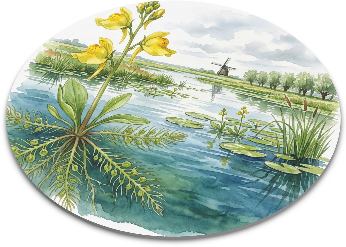 Ronde Muismat - Loos blaasjeskruid Utricularia australis - Aquarel Waterplanten en Hollands Veenlandschap met Windmolen - Botanische Mousepad Thuiswerkplek - Diameter 22 cm