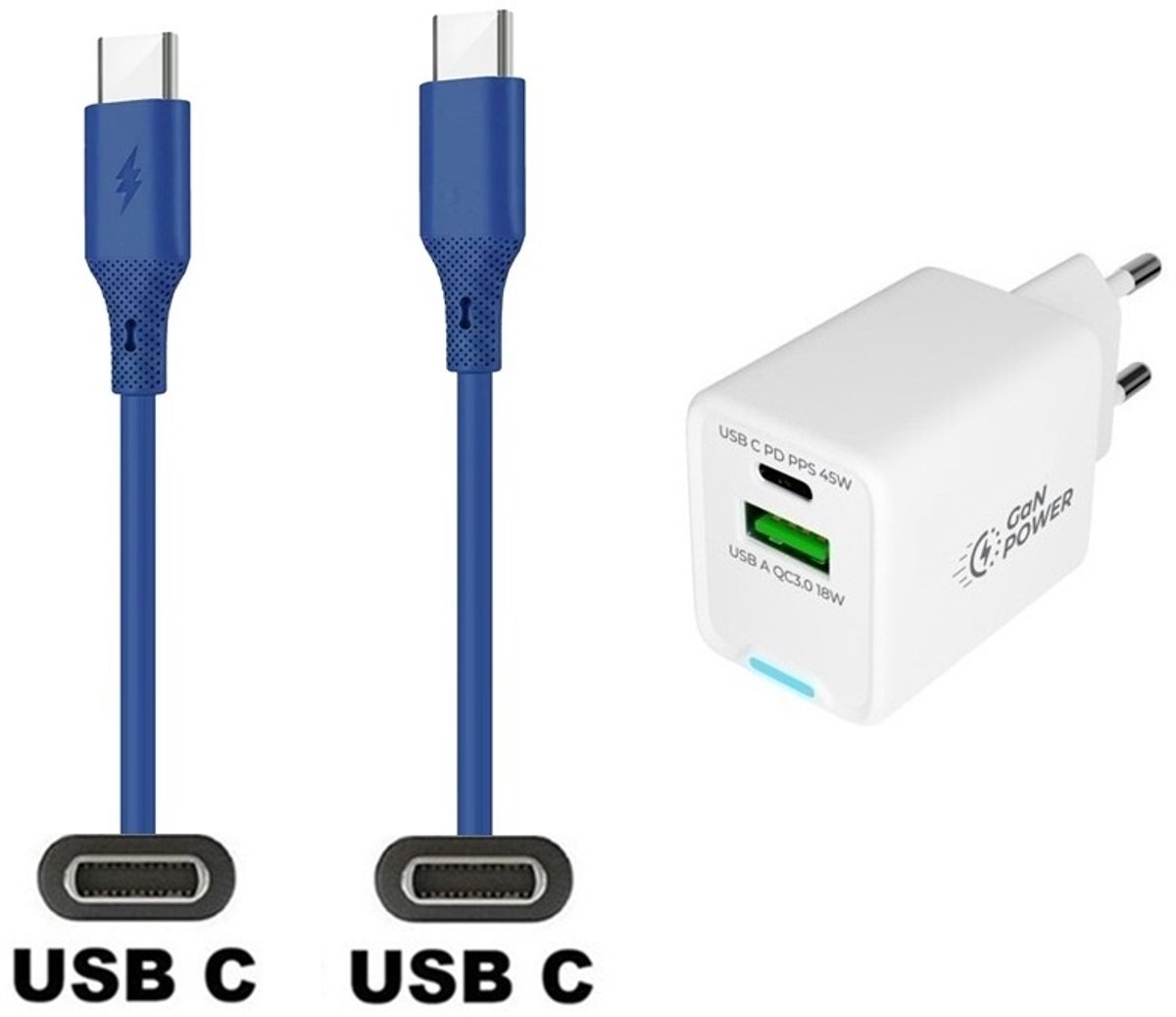 45W super snellader met 2 poorten + 1,0m USB C naar C kabel. Universele PD lader. Oplader adapter past op Samsung Galaxy S10, S10e, S20, S21, S22, S23, S24, S25, S26 (Edge, FE, Lite, Plus +, Ultra)