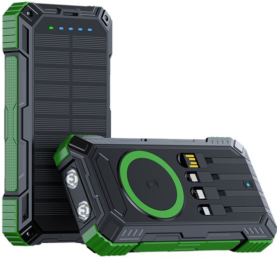 Zwarte powerbank met groene randen, zonnepaneel, zaklampen en draadloos oplaadgedeelte.