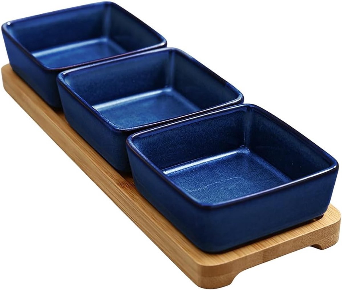 3-delige serveerschalen set met plank van hout voor snacks, dips en hapjes
