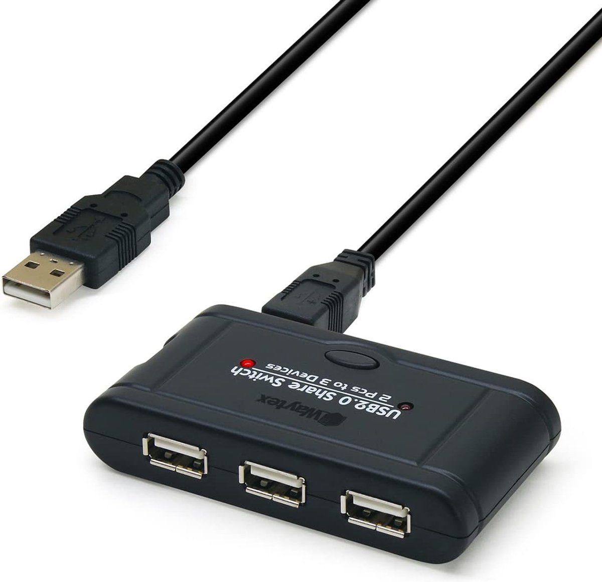 USB 2.0 Hub met 3 Poorten en Switch: Delen tussen 1 of 2 PC's (1 Meter Kabel)