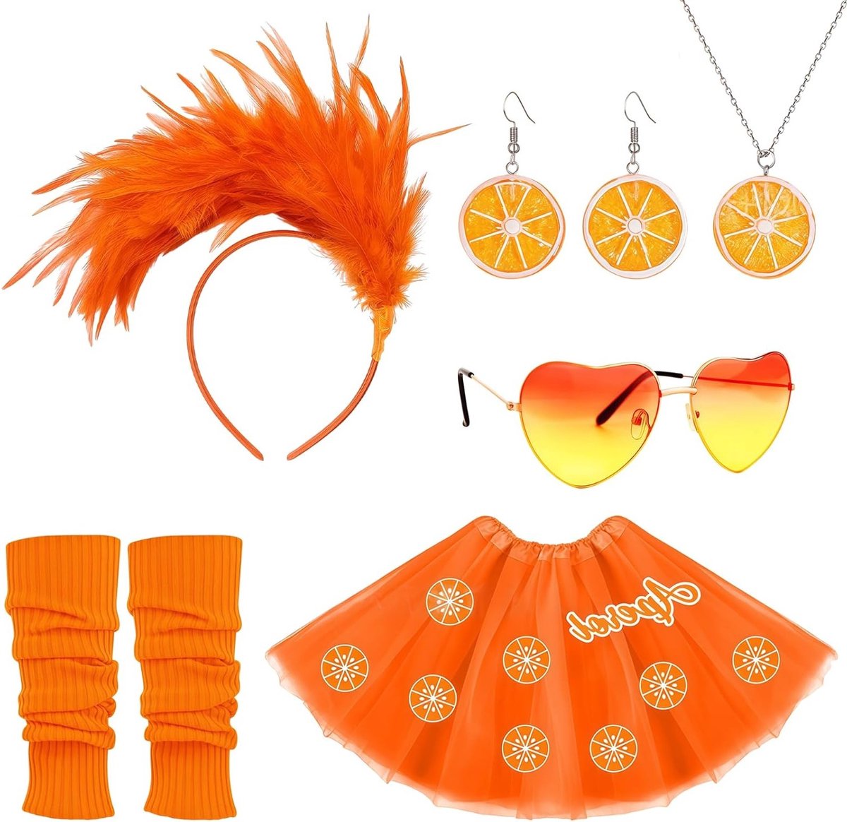 Aperol-thema kostuum voor dames met accessoires, oranje tule rok, oorbellen en bril voor carnaval en feestjes, 6 stuks