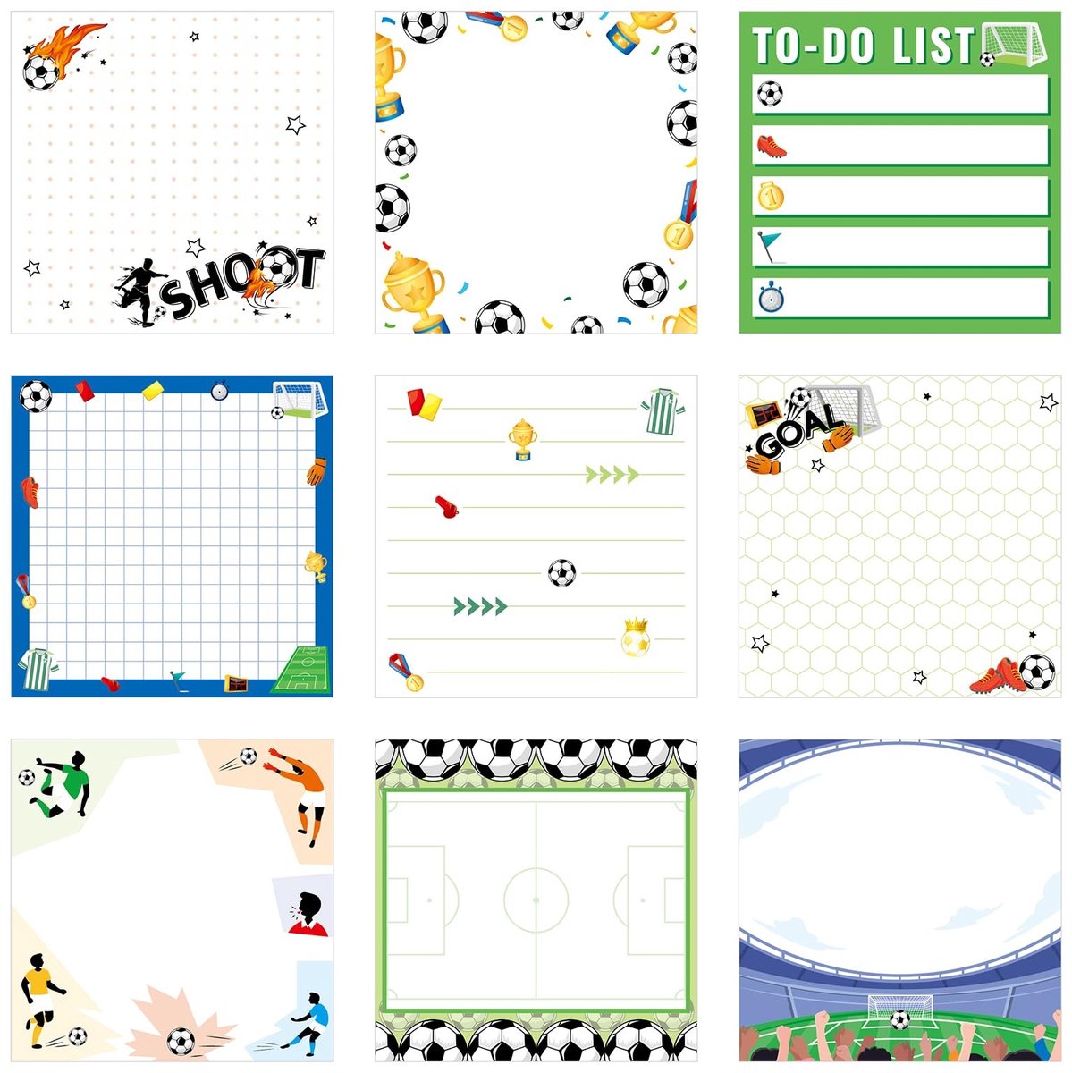 MTTproducts- Notitieblaadjes met Voetbalmotief - 9 Stuks - 7,6 x 7,6 cm - Zelfklevend - Grappige Notities - Ideaal voor School/Kantoor - Sticky Notes