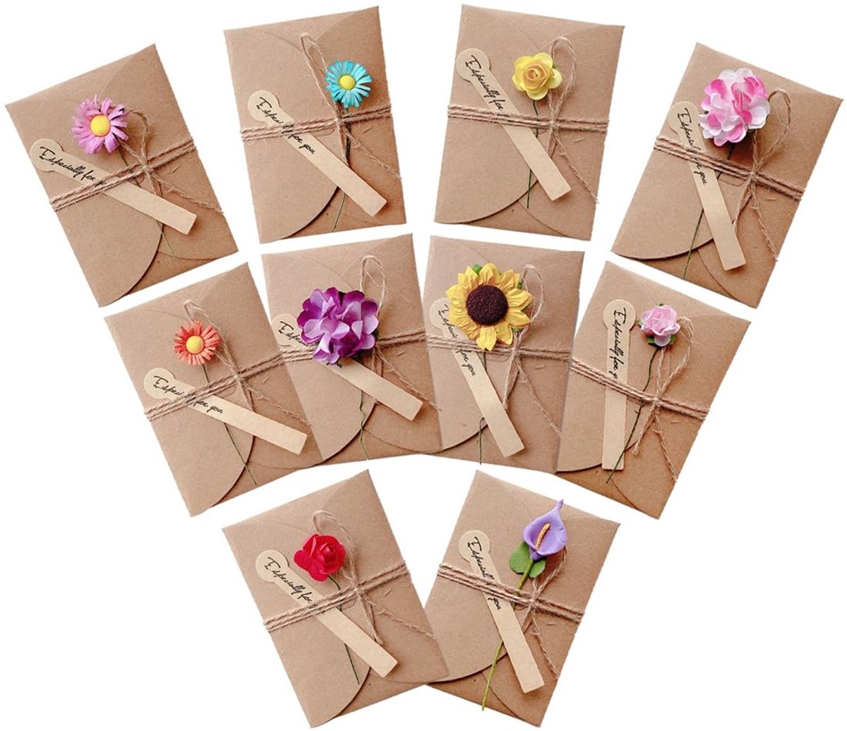Cosensi- Wenskaarten 10 stuks - Retro Kraftpapier - Gedroogde Bloemen - Bedankkaart - Uitnodiging - 10 x 7 cm - Voor Verjaardag/Kerstmis/Valentijnsdag - Kaartjes