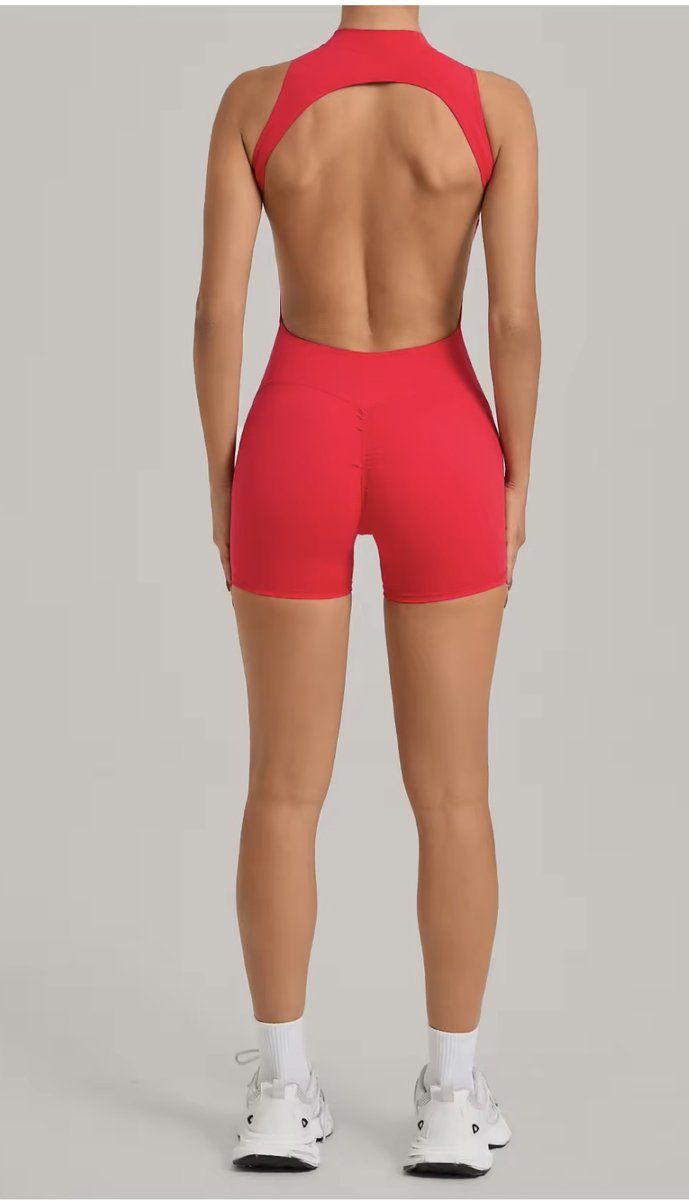Vyxen Short Jumpsuit Dames - Maat S - Rood - Seamless Sport Jumpsuit met Rits en Open Rug - Korte Fitness & Yoga Jumpsuit - Sportpak Dames — afbeelding 3