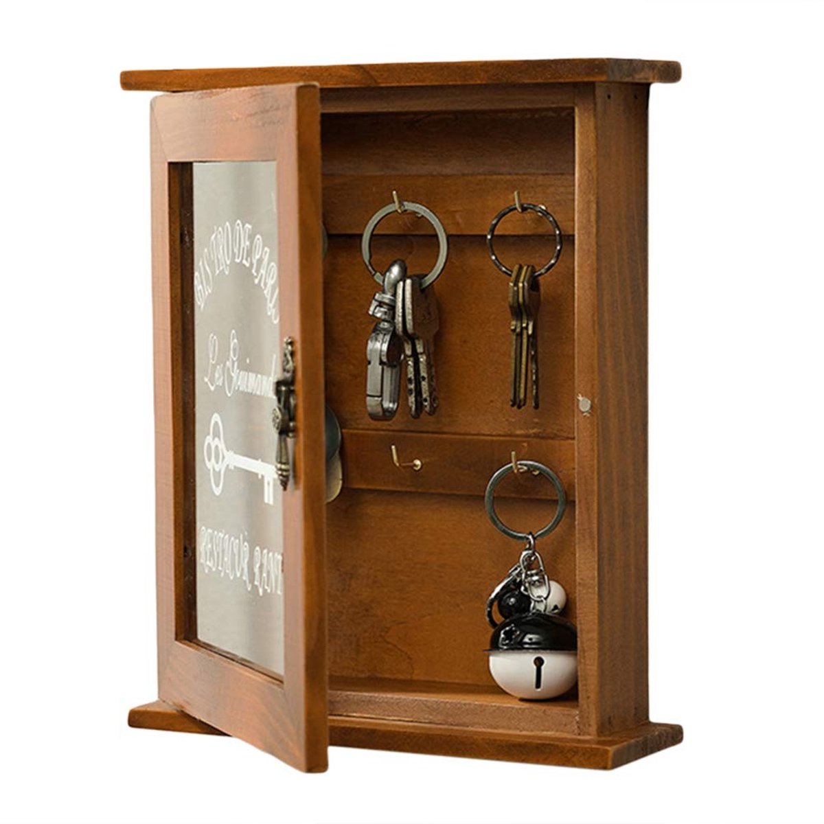 Dailygoods - Houten Sleutelkast met Glazen Deur en 6 Haken