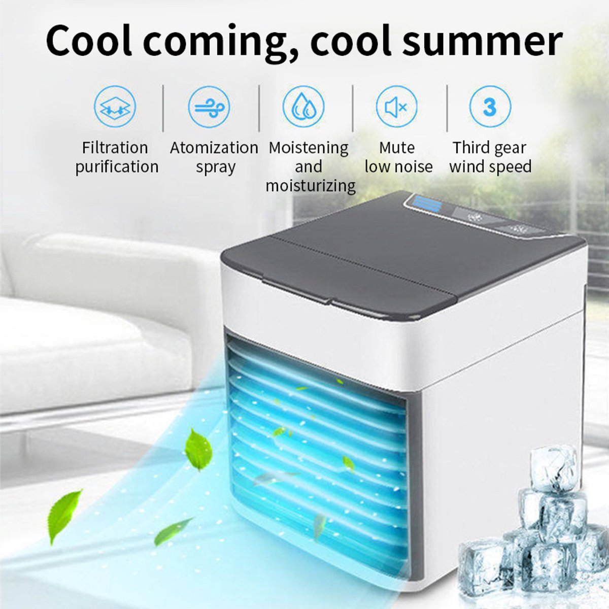 Airco -Mobiele Airco en Luchtkoeler met 6 Snelheden - Premium Mini Cold Air Fan 500ml - Stille Tafelventilator met LED Verlichting en Luchtfilter - Draagbare Luchtkoeler voor Slaapkamer en Kantoor - USB Aircofan – foto 8