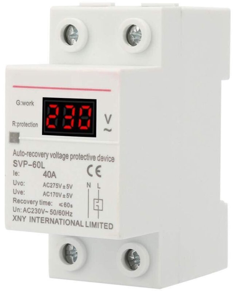 Automatische resetbare overspannings- en onderspanningsbeveiliging, 230V 40A, geschikt voor spanningsweergave en indicatielampjes, DIN-railmontage.