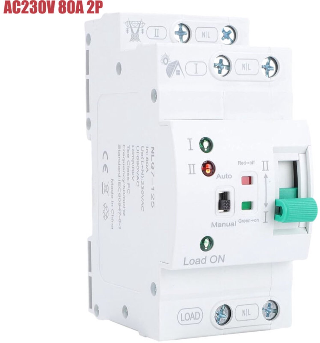 Miniatuur automatische/handmatige omschakelaar ATS 2P 80A, thuisgeneratoren, tweekanaals automatische elektrische selector, DIN-railmontage, ultradun fotovoltaïsche panelen.