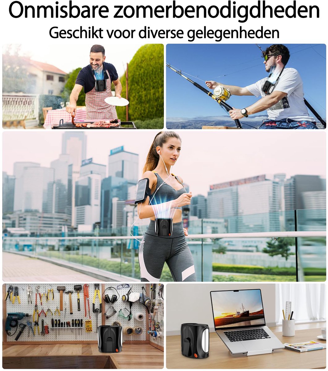 Svintora Handventilator Multifunctionele - 6000 mAh Mini Ventilator - Draagbare Oplaadbaar NekVentilator Met koeling - 6 Standen Tailleventilator Clipventilator voor de taille - Zwarta — afbeelding 4