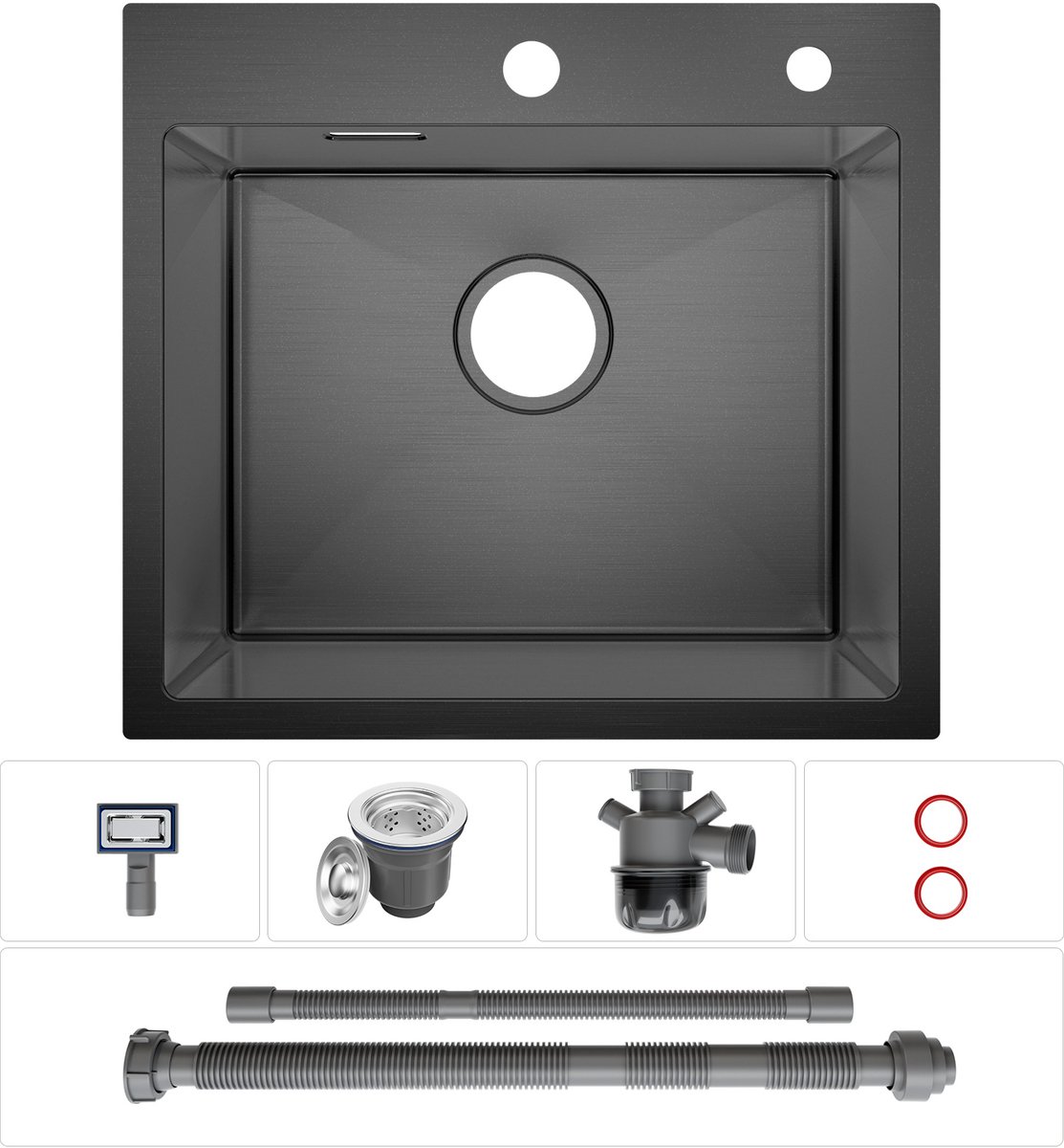 Cecipa max Spoelbak Keuken - Enkele Gootsteen RVS Nano Gecoat - Opbouw & Vlakbouw Wasbak - Zwart - Met Sifon - 50 x 45 cm