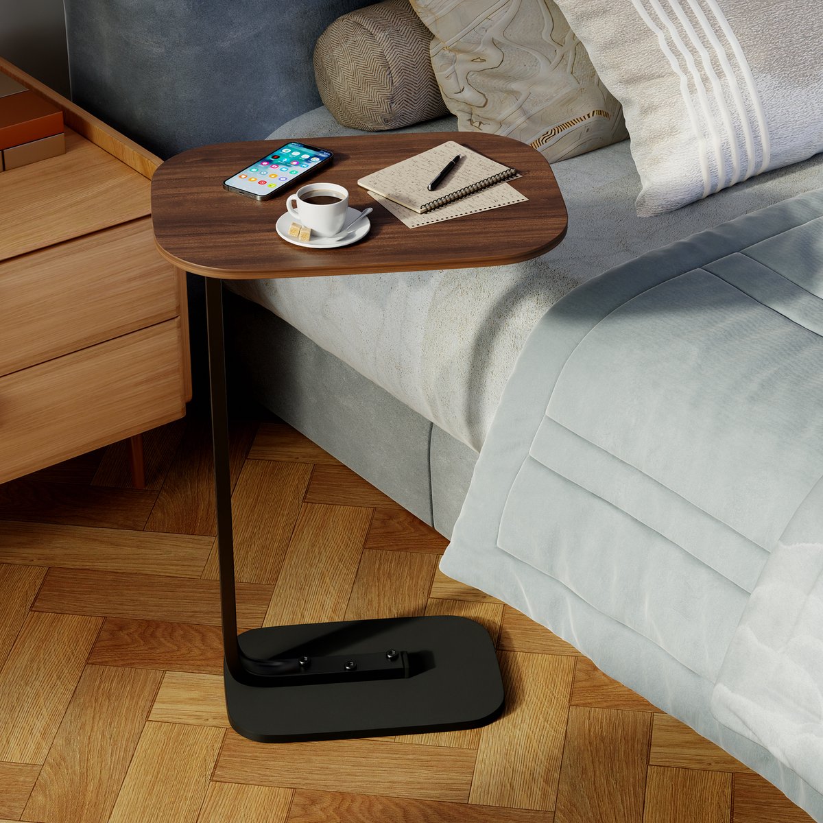 OKWISH Bijzettafels - C‑Vormige Bijzettafel, Sidetable Met Houten Blad En Metaal Onderstel, Moderne Bijzettafel Op Wieltjes, Walnoot, 45x30 cm, 63 cm Hoog