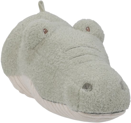 Zachte, grijze krokodillenkop knuffel met bruine oogjes, beige snuit en ribbels.