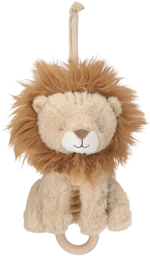 Pluche leeuwenmuziekje met open slaapogen, bruine manen en een houten ring.