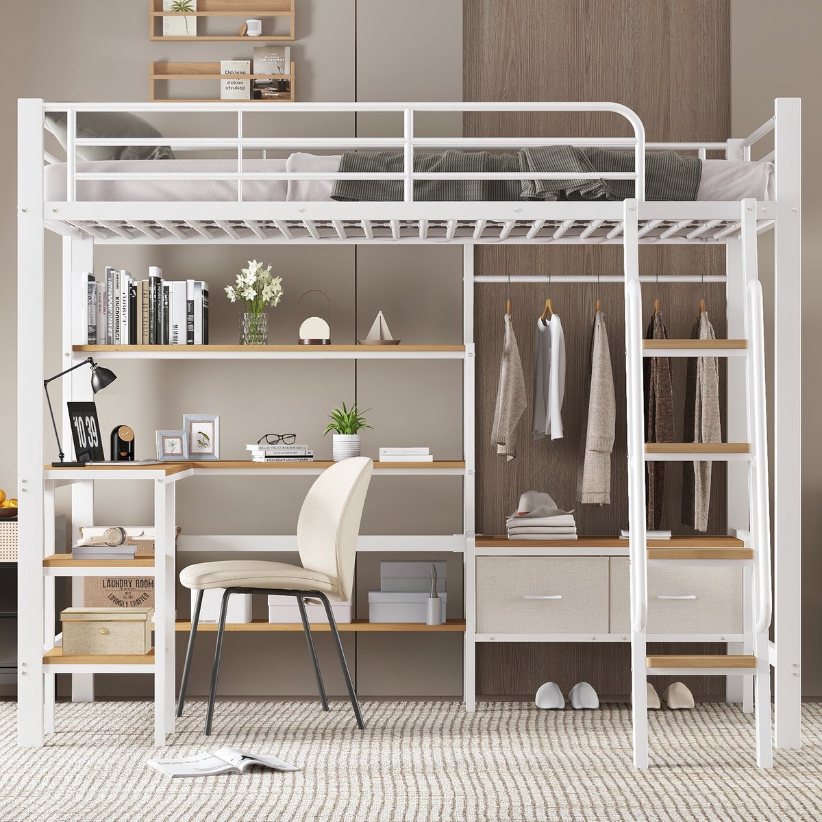 Hoogslaper - 90x200 - Met Stoffen Opbergboxen Bureau Opbergplank Schuine Trap - IJzer MDF - Wit Natuur