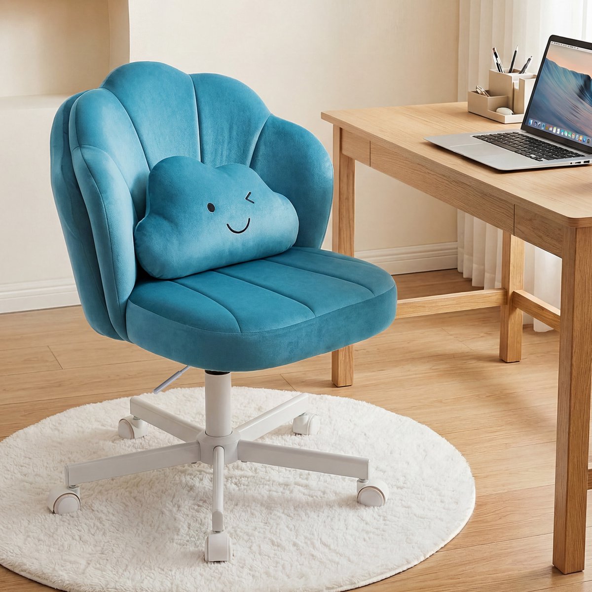 COMHOMA - Bloemvormige Make-up Bureaustoel - Fluweel met Dubbele Rugleuning - Blauw