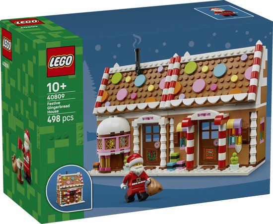 LEGO Kerst Peperkoekhuis 40809 doos, met afbeelding van huis, kerstman en afmetingen 19.3cm x 11.6cm.
