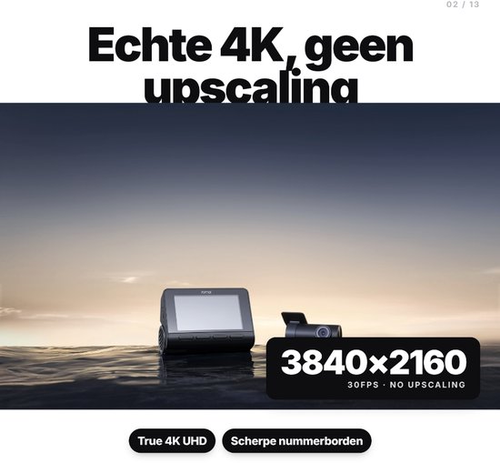Dashcam A800SE en achtercamera op water, met 3840x2160 30FPS tekst.