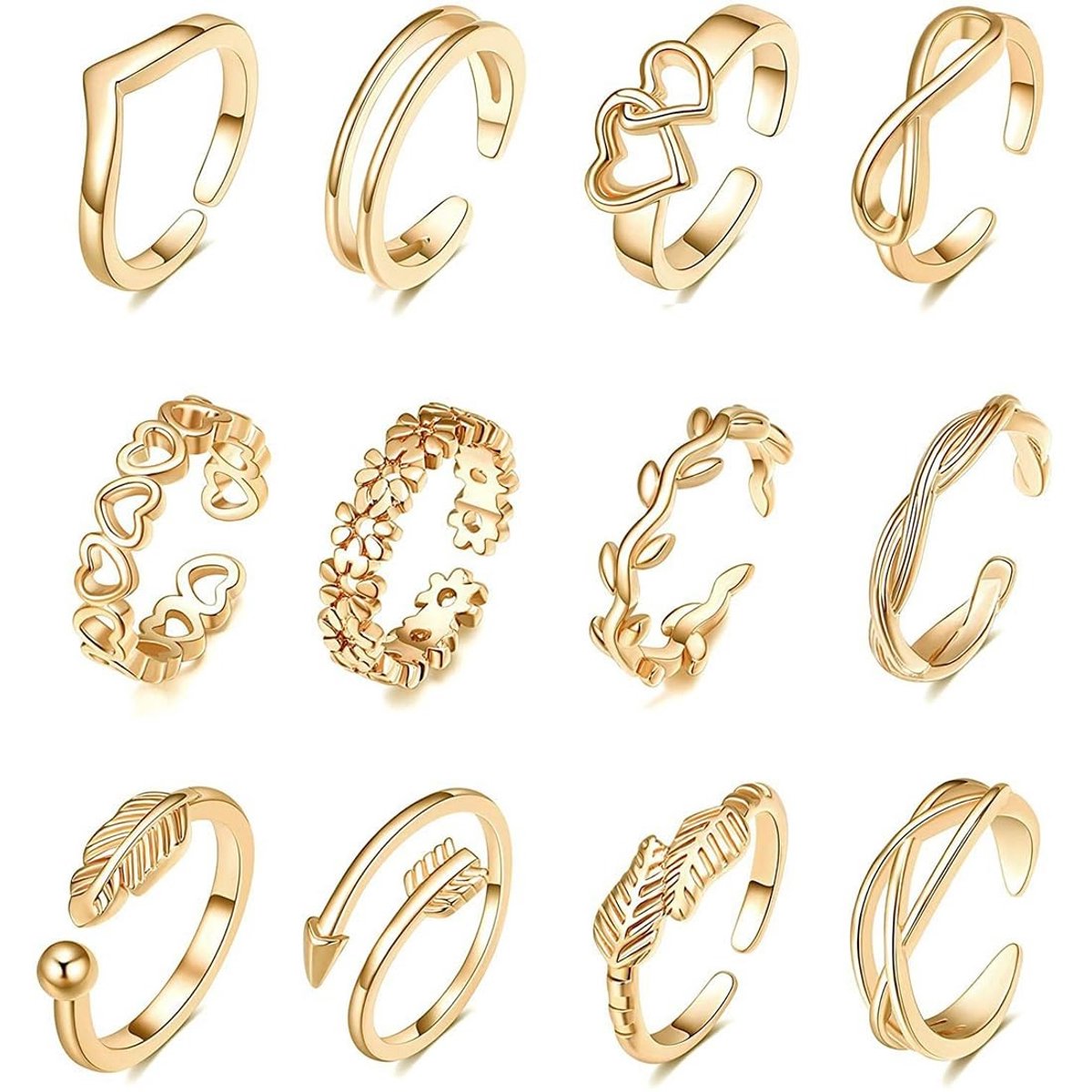 Dailygoods - Set van 12 Verstelbare Teenringen voor Dames in Goud