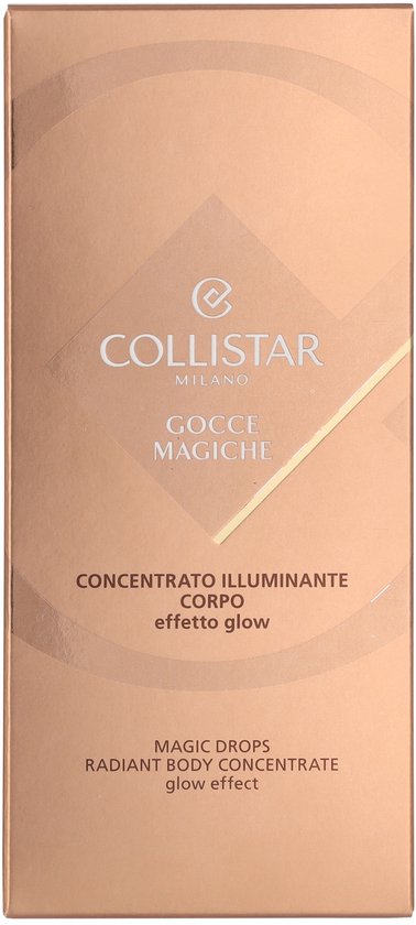 Collistar verpakking met de tekst "Magic Drops Radiant Body Concentrate". Kleur koper.