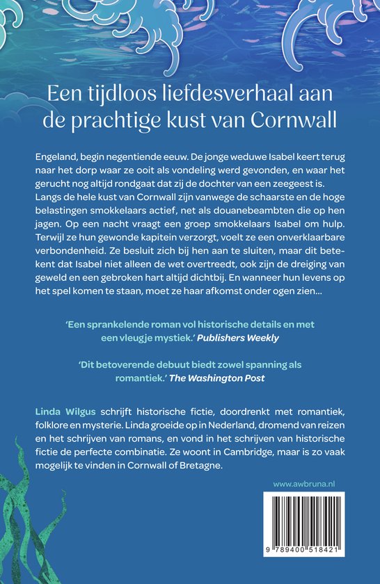Boek "Een tijdloos liefdesverhaal aan de prachtige kust van Cornwall" met illustraties van golven en zeewier.