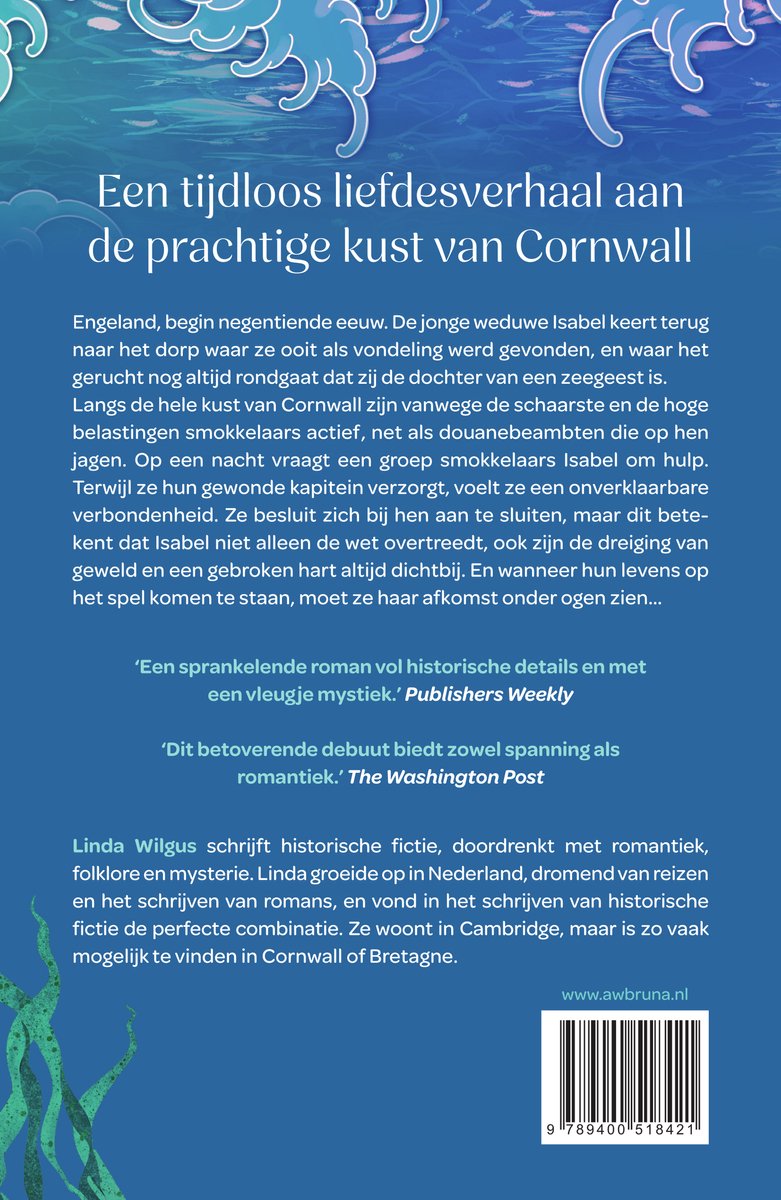 Boek "Een tijdloos liefdesverhaal aan de prachtige kust van Cornwall" met illustraties van golven en zeewier.