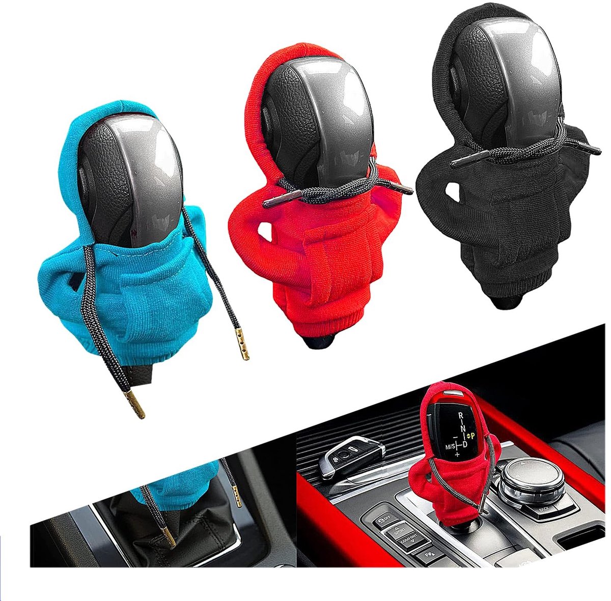 Dailygoods - Dailygoody - Versnellingspook-Hoodie - Auto-Schakelaccessoires - Zwart-Rood-Blauw - Stofbescherming - Pookknop - Geschikt voor Auto Interieur