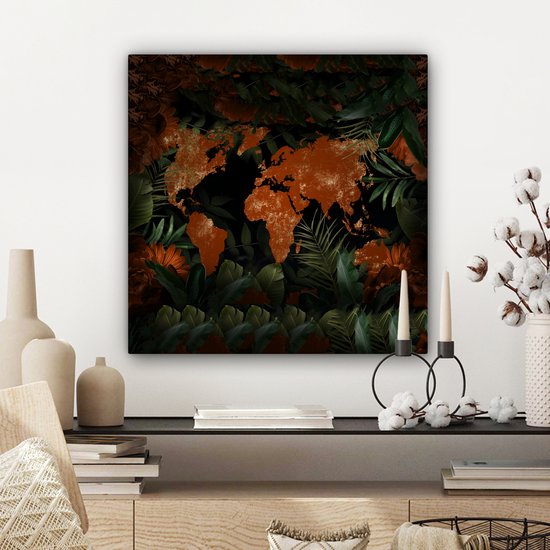 Canvas schilderij 50x50 cm - Wanddecoratie Wereldkaart - Goud - Rood - Muurdecoratie woonkamer - Slaapkamer decoratie - Kamer accessoires - Schilderijen op canvas